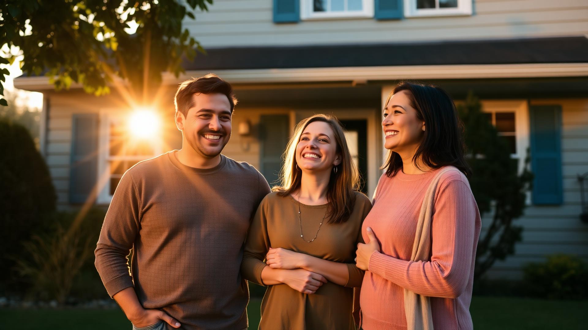 Relieved family in front of their home at golden hour