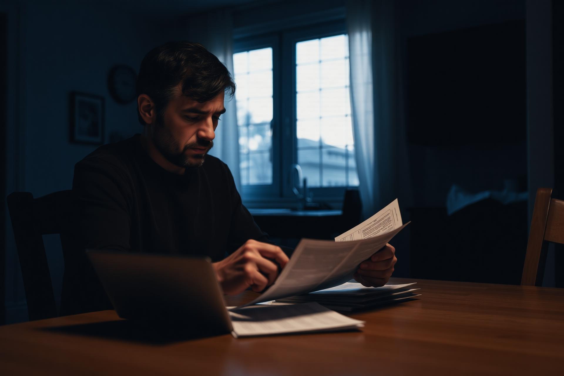 Stressed homeowner reviewing foreclosure documents at kitchen table